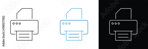 Desk Printer Icon Set for Office Document Output Paper Print Symbol and Computer Peripheral Outline Vector on White and Black Background