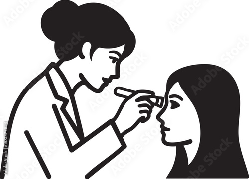 A professional administering an eye examination or applying eye drops to a patient in a clinical setting