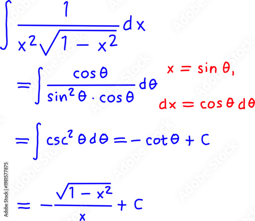 Trigonometric substitution solving integral with sine and cosine, step by step calculus derivation in blue and red on white background.