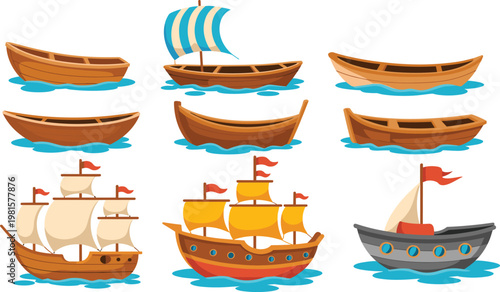 Cartoon boats and sailing ships floating on water with colorful sails, wooden rowboats, and vintage vessels, ideal for children’s designs, nautical art, and stock illustrations