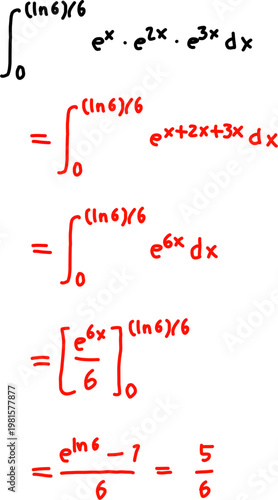 Handwritten calculus steps solving exponential integral, combining powers and evaluating definite integral with limits, clean educational math concept.