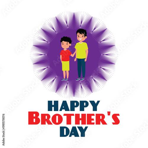 Happy Brother's Day vector illustration featuring two brothers standing together. Vibrant purple sunburst background with clean typography celebrating sibling bonds and family love.