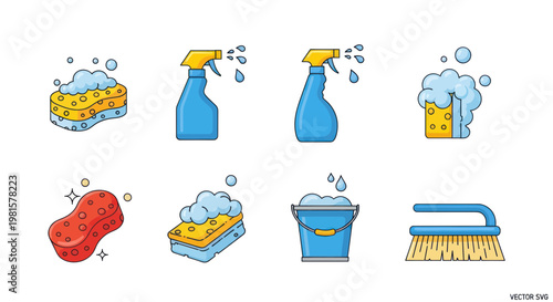 Cleaning Supplies Icons: Sponges, Sprays, Bucket, Brush with Soap Bubbles