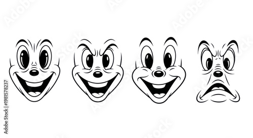 Cartoon Faces Expressing Emotions: Happy, Evil, Joyful, Angry