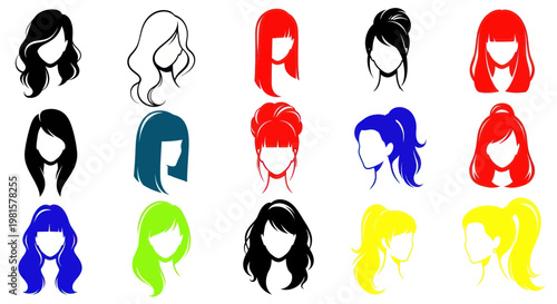 Diverse Hair Styles Collection Icons - Black, Red, Blue, Yellow & Green Silhouettes