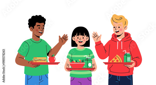 Diverse Kids Enjoying School Lunch Trays with Food and Drinks