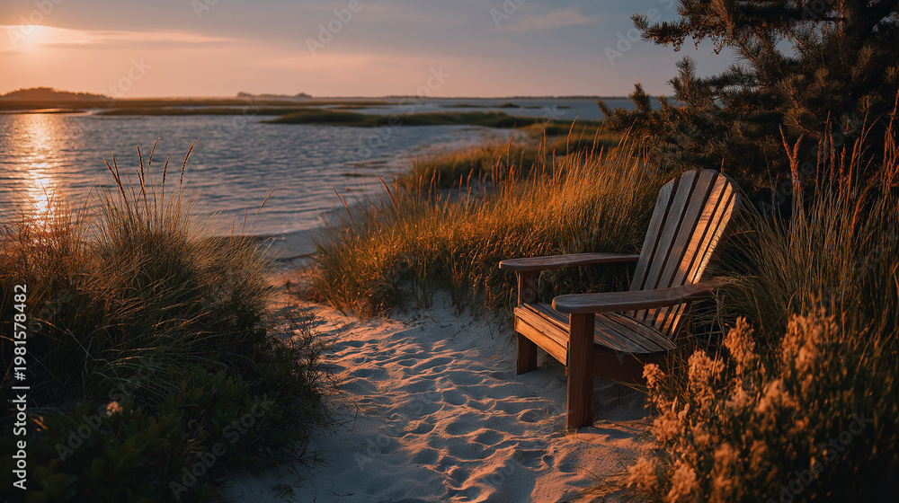 Fototapeta premium Serene Beach Retreat: An inviting wooden chair sits on a sandy beach, inviting the viewer to relax and soak in the tranquil beauty of the sunset over the calm sea.