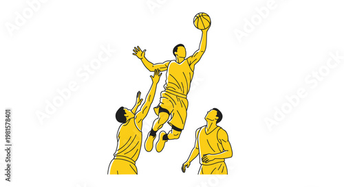 Basketball Players Dunking and Blocking in Yellow Uniforms, Dynamic Action Shot
