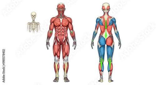 Anatomy Chart: Male and Female Muscular System Diagrams with Skeleton