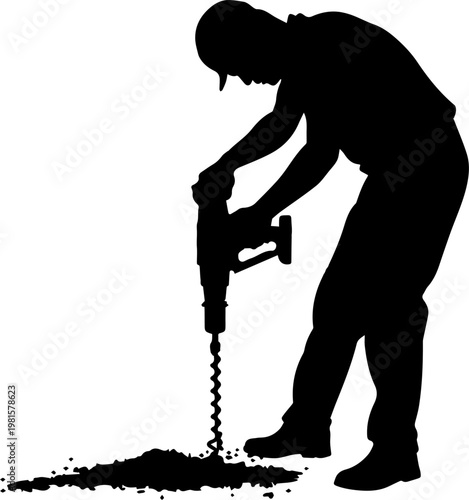 Silhouette of a Construction Worker Using a Large Power Drill on the Ground