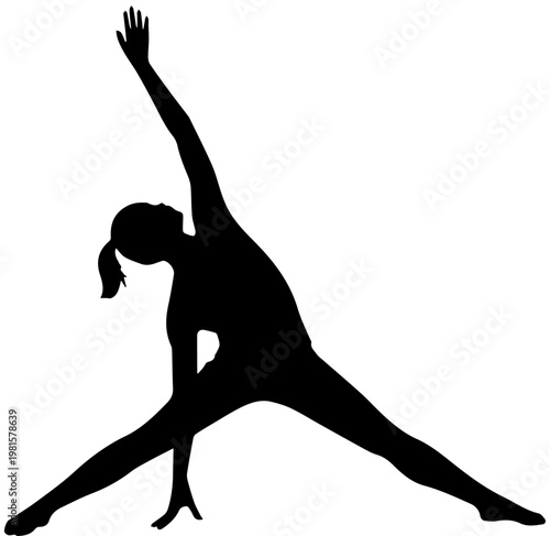Black silhouette of a woman in a yoga stretching pose isolated on a white background