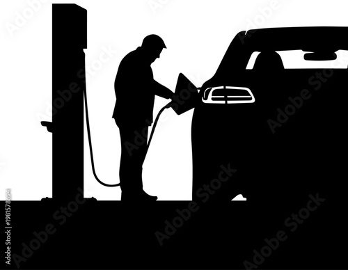 Black silhouette of a man charging an electric car at a charging station
