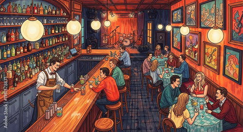 Lively Bar Scene with Patrons and Bartender in a Vintage Setting.