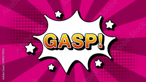 gasp text word lettering popup comic cartoon reveal with bomb and smoke explosion manga anime book page dots with radial speed lines doodle pink background with seamless loop animation retro clip