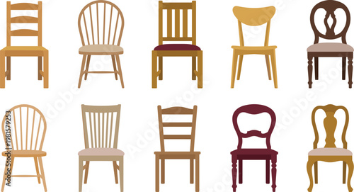 Elegant wooden chair vector collection classic and modern seating furniture styles isolated interior design flat illustration icons set