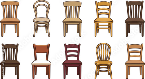  Classic wooden chair vector set furniture collection various traditional seating styles isolated interior design flat illustration icons