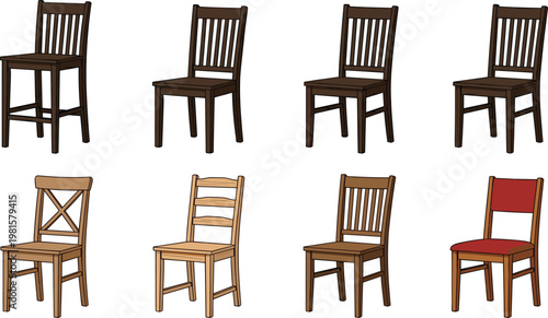 Wooden chair vector set furniture collection various chair styles isolated home interior design elements flat illustration