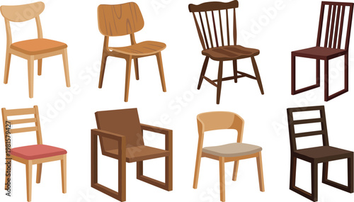 Modern wooden chair vector set furniture collection various seating styles interior design elements isolated flat illustration icons
