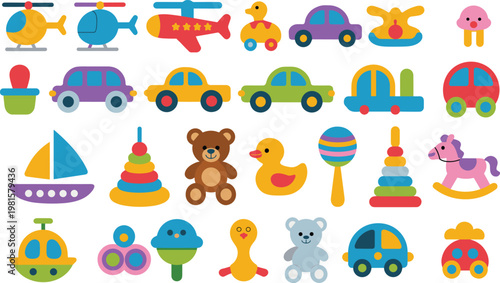Colorful cartoon children’s toys including cars, airplanes, helicopters, ducks, rocking horses, teddy bears, rattles, boats, and submarines, perfect for playtime, education, and stock illustrations