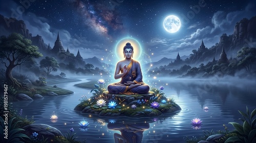 Vesak Day Spiritual Illustration with Buddha Meditation Pose