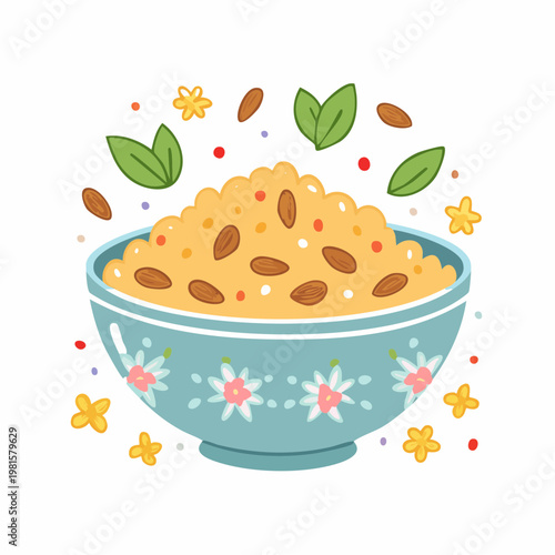 Vector Illustration of Porridge Bowl with Almonds and Grains