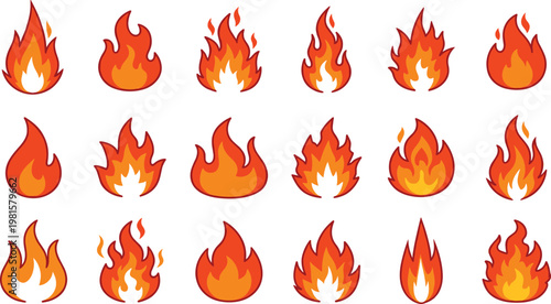 Cartoon fire flames vector set collection blazing flame icons orange red fire elements isolated flat illustration