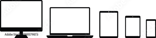 Device icons: smartphone, tablet, laptop and desktop computer. Information technology linear icons collection.