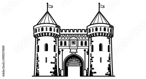 Majestic Castle Gatehouse with Twin Towers and Wrought Iron Gate.