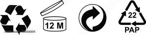 Set recycle sign or packaging sign for products. Period After Opening PAO label. Green dot recycling symbol. Recycling Codes. Don't litter sign. Vector Illustration