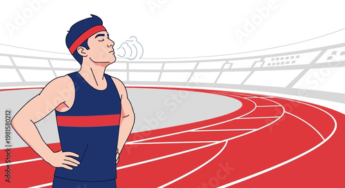 Athlete exhaling deeply on a running track, feeling tired after workout