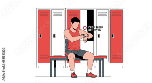 Athlete checks smartwatch after workout in locker room, deep sleep recovery concept