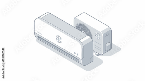 Modern isometric vector illustration of a home split system air conditioner unit with indoor and outdoor components for climate control and cooling technology