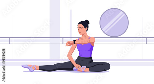 Ballerina stretching in dance studio, checking smartwatch, focused on fitness and training
