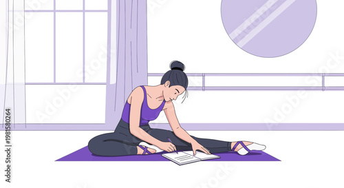 Ballet dancer doing splits and writing in a notebook, practicing choreography in a studio