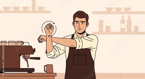 Barista stretching wrist and arm near espresso machine, preparing for work