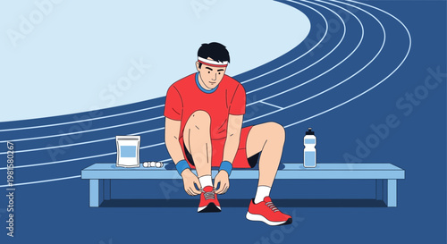 Athlete Tying Running Shoes on Track Bench, Hydration and Supplements Ready