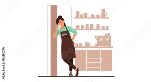 Barista Tiredly Leaning on Wall, Talking on Phone in Cafe