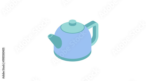 Isometric illustration of a light blue kettle with a handle and lid, perfect for representing kitchenware or beverage preparation