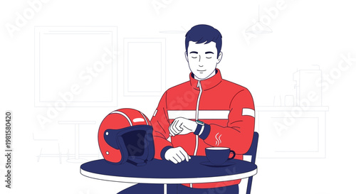 Delivery man checking smartwatch at cafe with helmet and coffee