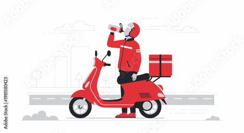 Delivery man on red scooter drinking from bottle, urban background, food delivery service concept
