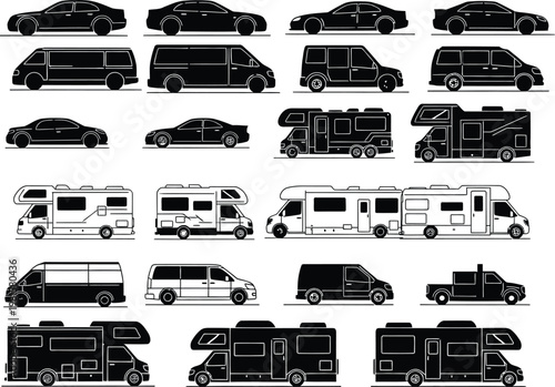 Variety of vehicle silhouettes cars vans trucks and rvs in black and white