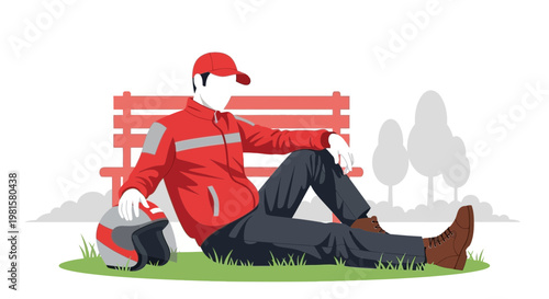 Delivery man resting on grass with helmet, red jacket, casual break