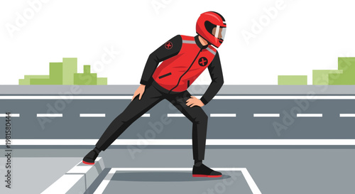 Delivery rider in red uniform stretching on sidewalk, urban street background