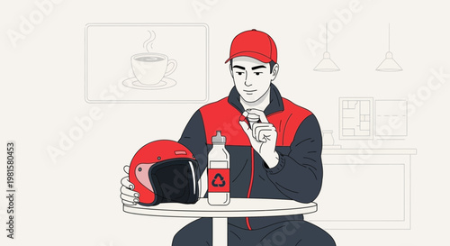 Delivery person in uniform with helmet and water bottle at cafe table