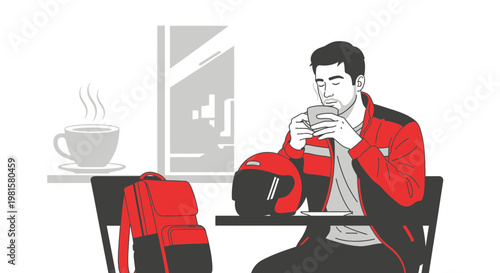 Delivery rider taking a break with coffee and helmet at a cafe table