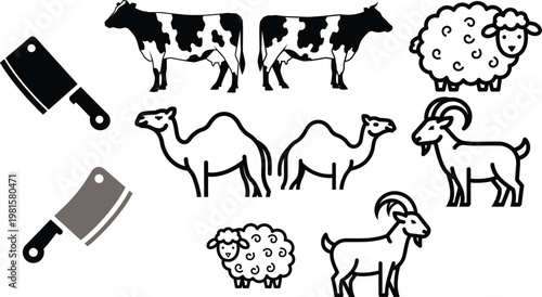 Farm animals and butchering tools a black and white illustration