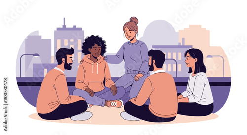 Diverse group of people in circle, support, community, urban background