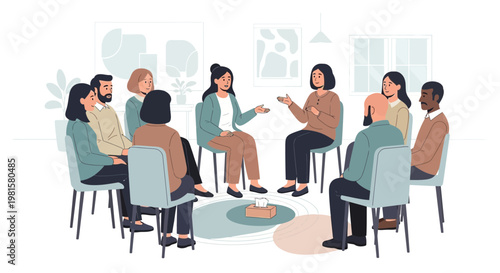 Diverse group therapy session: people sitting in a circle, sharing and supporting each other.