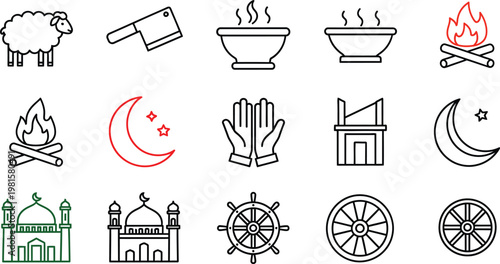 Collection of diverse line icons religious natural and cultural symbols