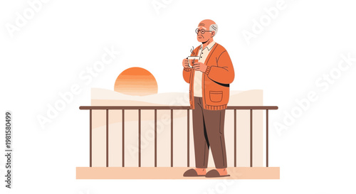 Elderly Man Enjoying Coffee on Balcony at Sunrise, Peaceful Retirement Lifestyle